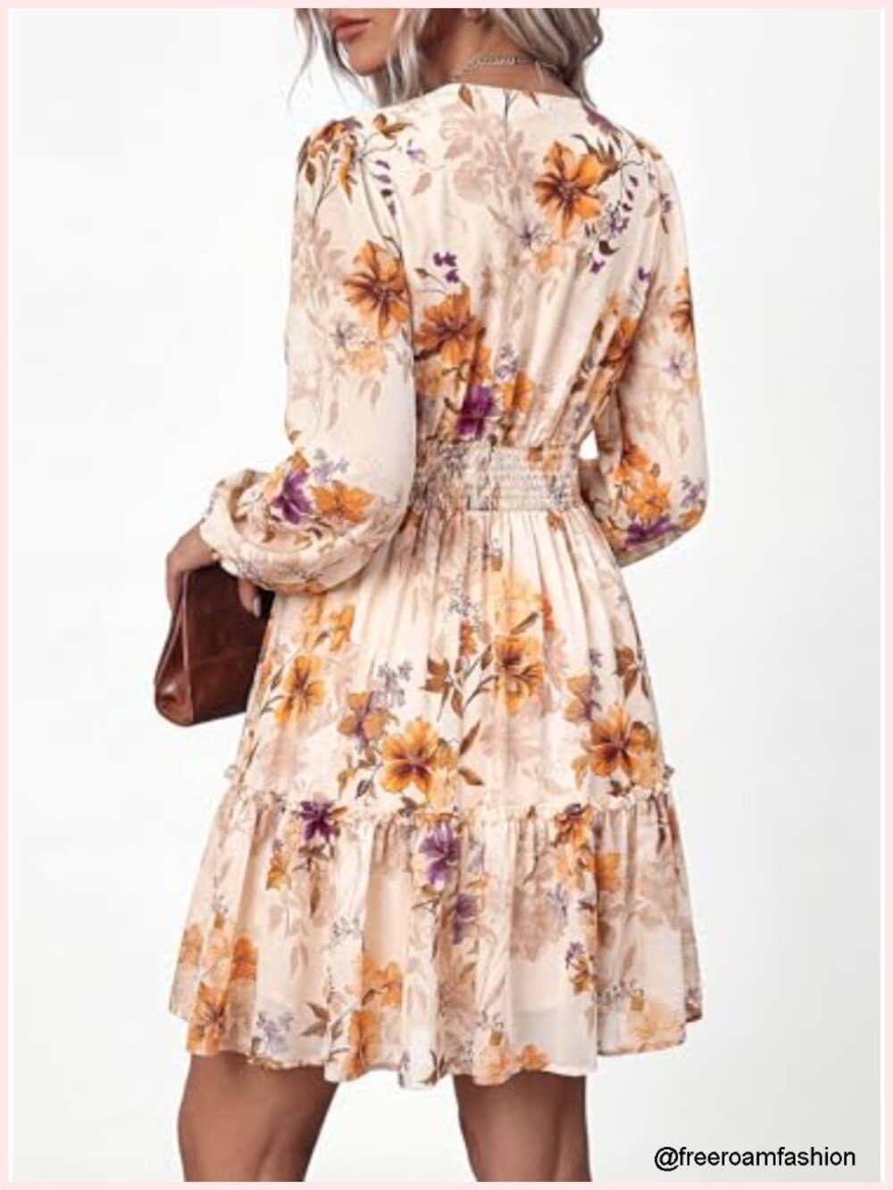 Women's Floral Mini Dress Long Sleeve V-Neck Fit & Flare Ruffle Hem A-Line - Picture 3 of 6